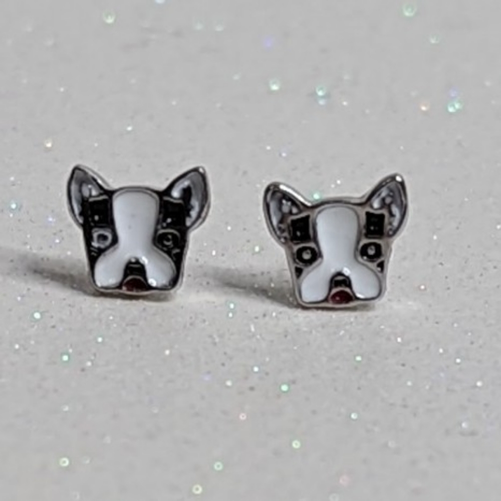 Boston Terrier 925 Sterling Silver White and Black Stud Earrings